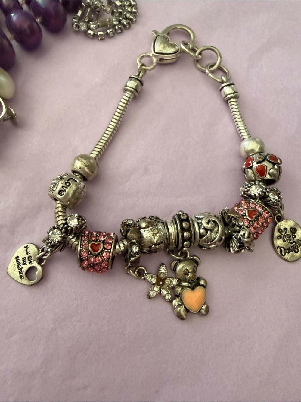 Silver Tone Love Heart Charm Bracelet Teddy Bear Daughter Pink Rhinestones